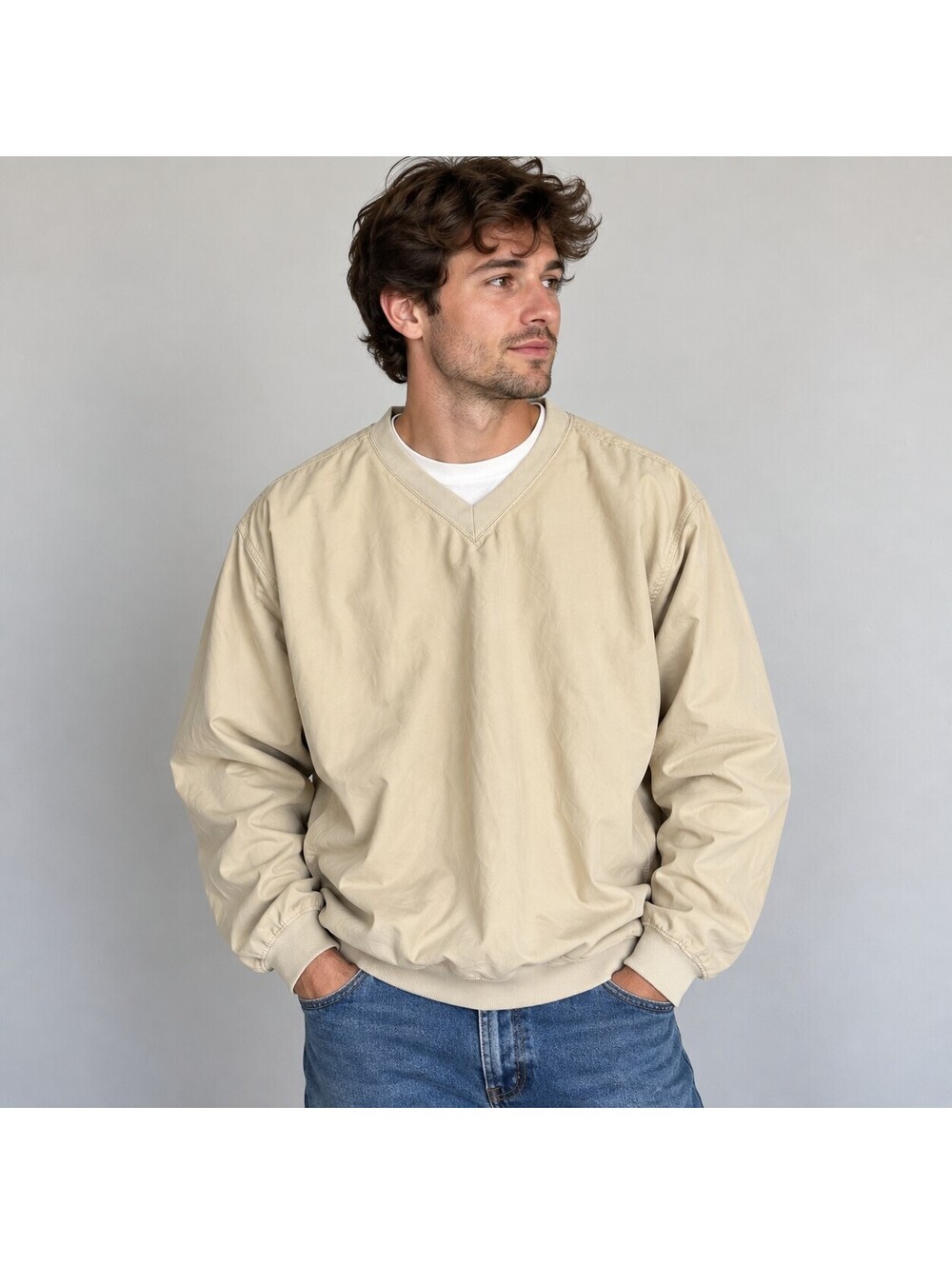 Vintage L.L.Bean Men's Wind Pullover V-Neck Shirt Tan Size Large Made in USA - Picture 2 of 7